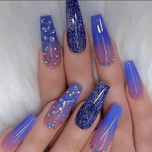 24 Pieces Fake Press On Nails Purple Rhinestones Astro
